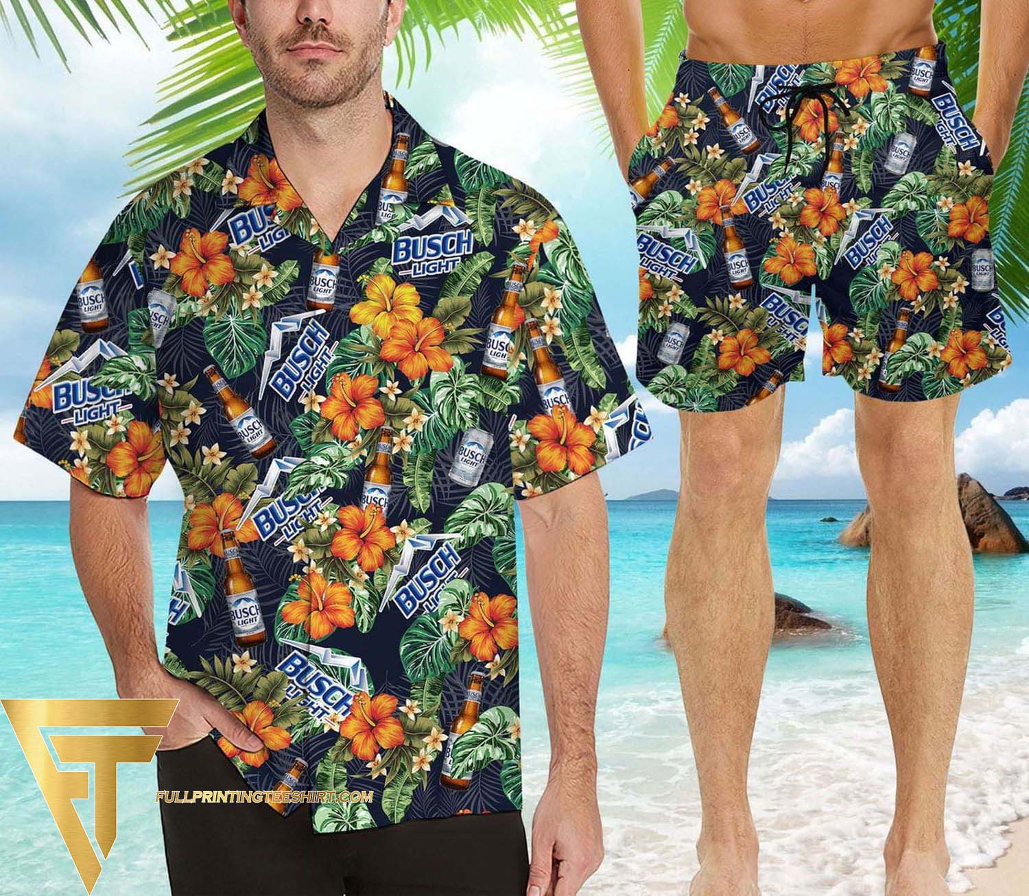 Busch Light Beer All Over Print Summer Floral Aloha Summer Beach Hawaiian Shirt And Beach Shorts Version Navy