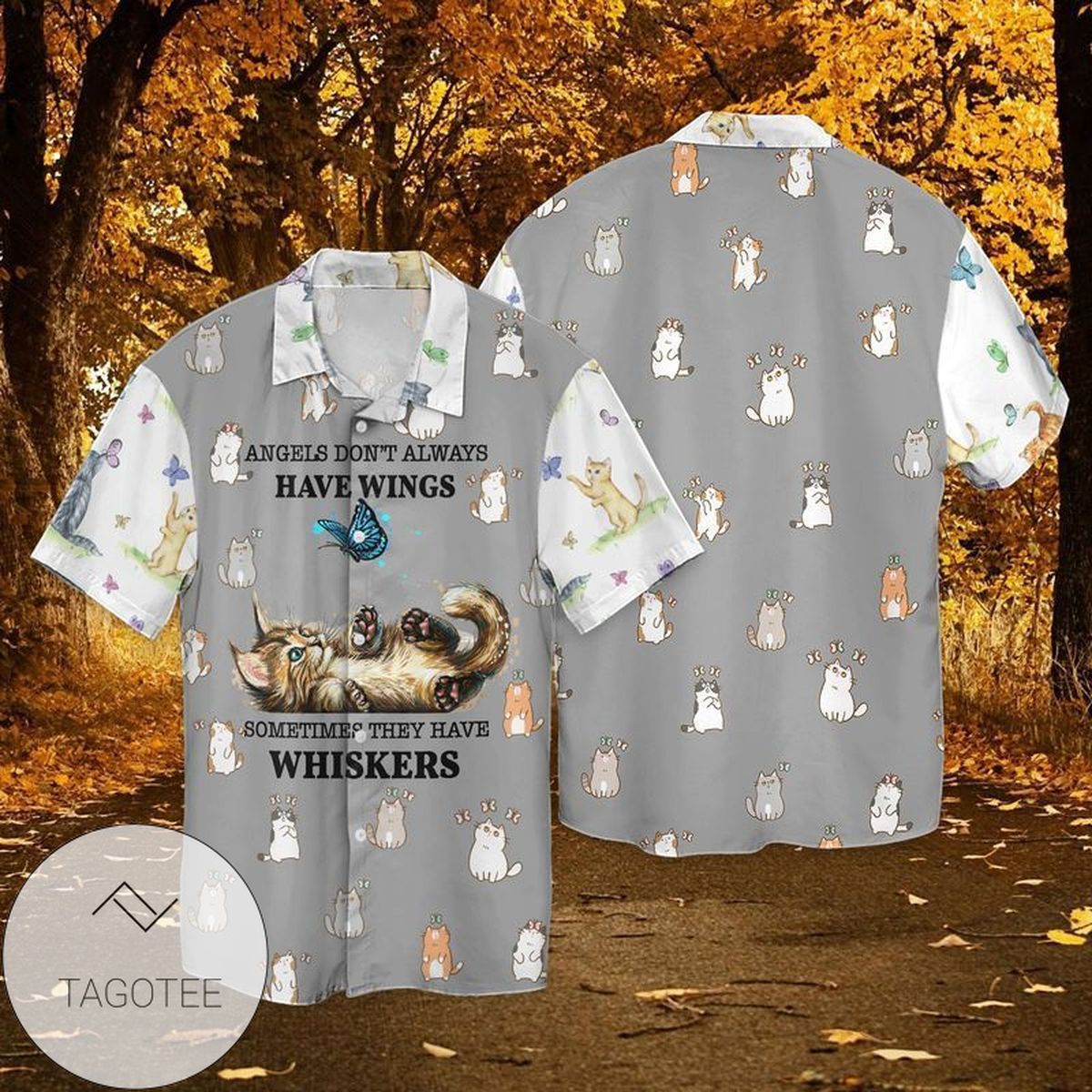 Butterfly With Cat Angels Do Not Always Have Wings Sometimes They have Whiskers Graphic Print Short Sleeve Hawaiian Casual Shirt