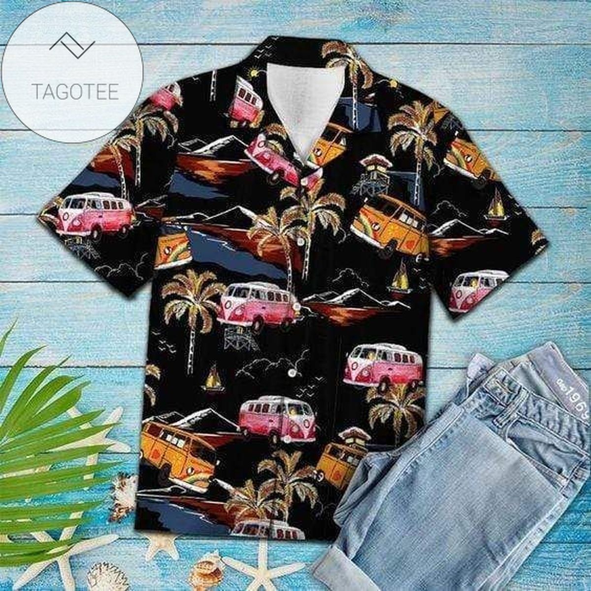 Camping Car With Dog On The Beach Hawaiian Aloha Shirts