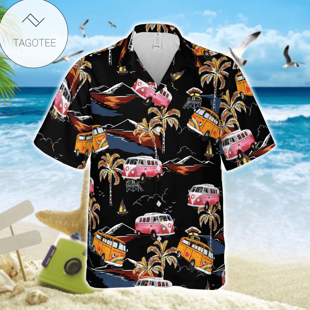 Camping Car With Dog On The Beach Hawaiian Aloha Shirts