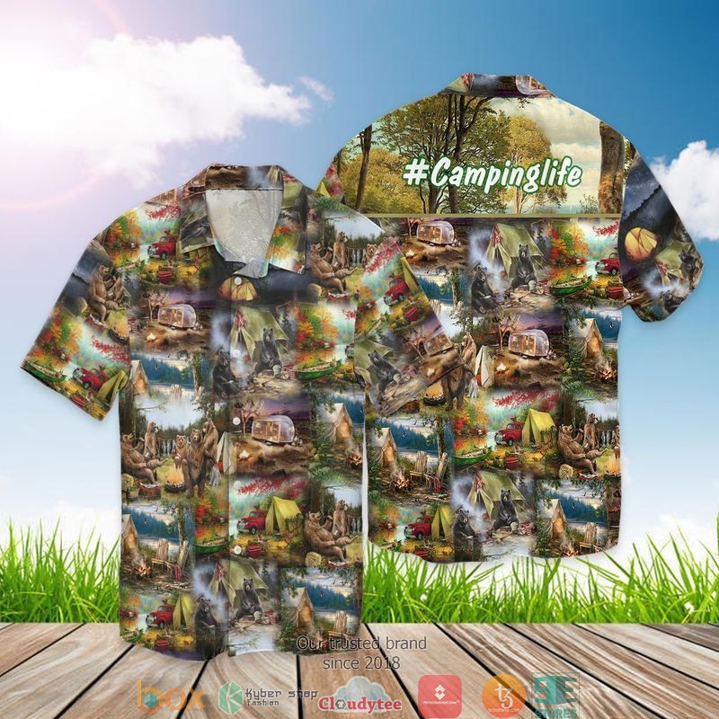 Camping The Bear With Wine I Don’t Need Therapy I Just Need To Go Camping Hawaiian Shirt