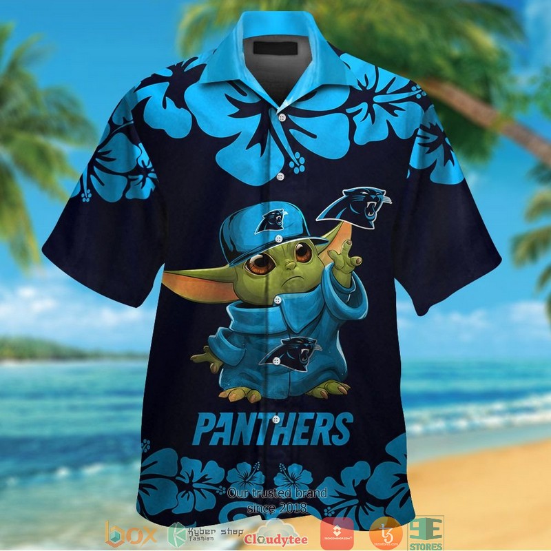 Carolina Panthers Baby Yoda Hibiscus Hawaiian Shirt, short