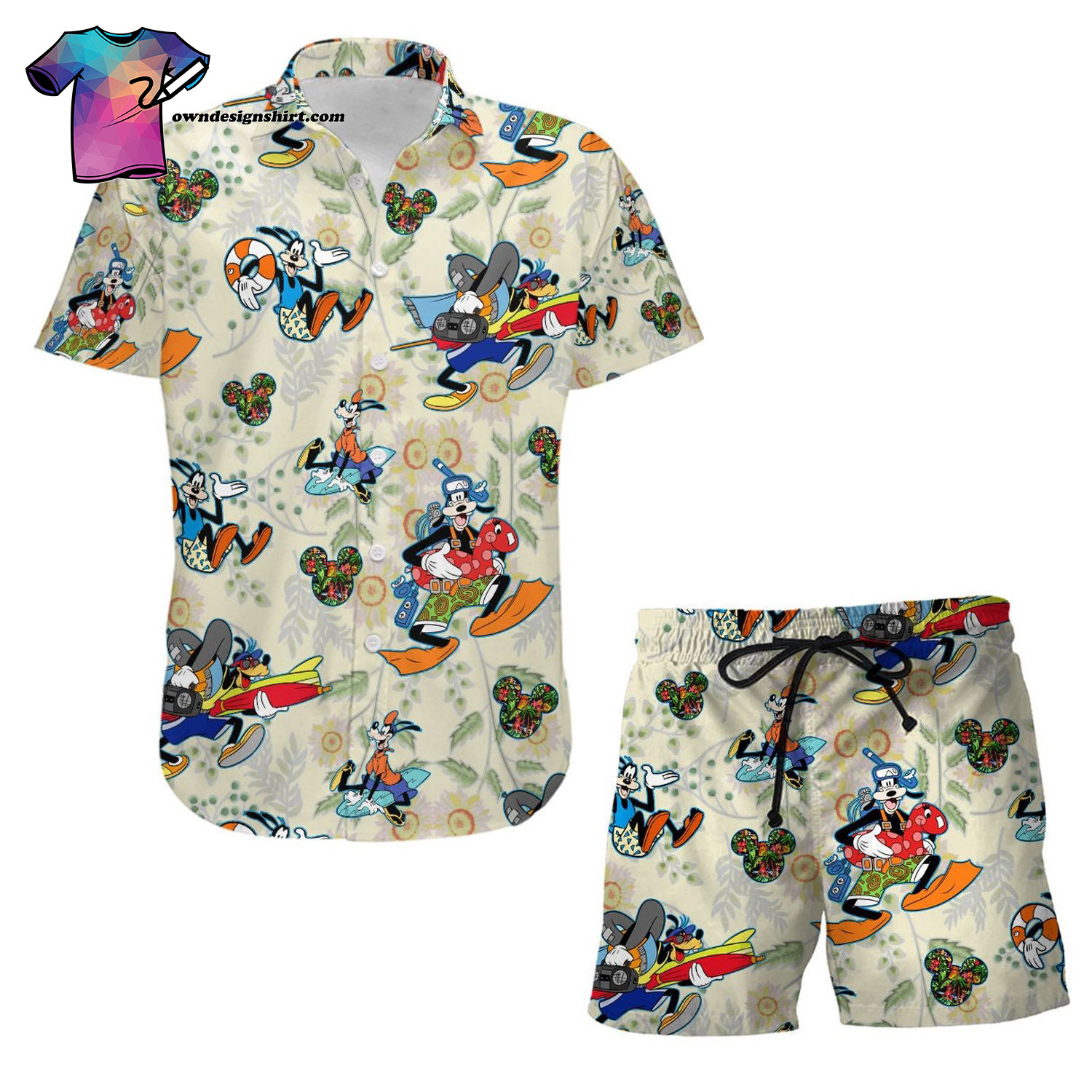 Cartoon Graphic Goofy Dog Surf Snorkel Summer Hawaiian Shirt