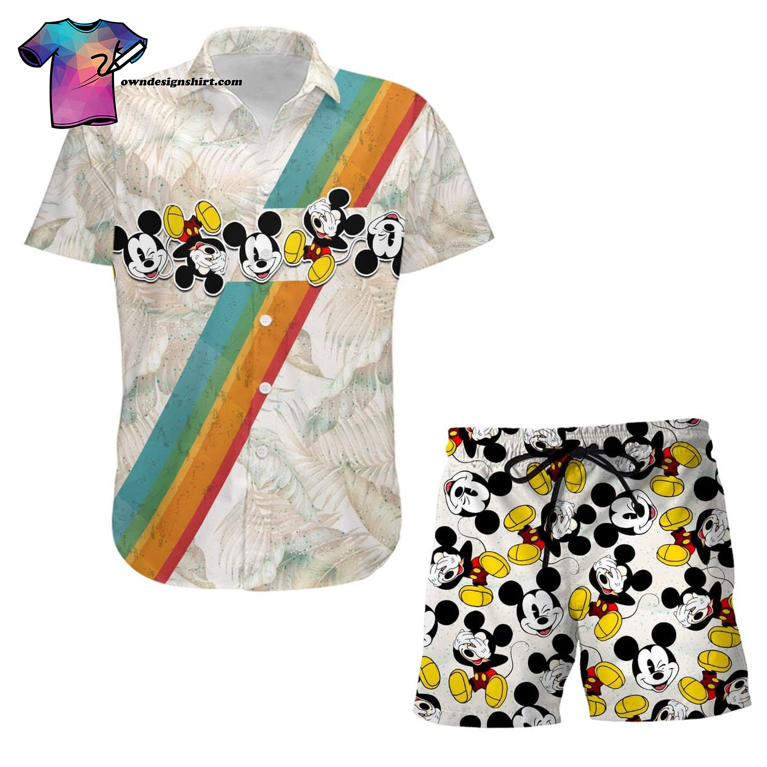 Cartoon Graphic Mickey Rainbow Stripe Summer Hawaiian Shirt