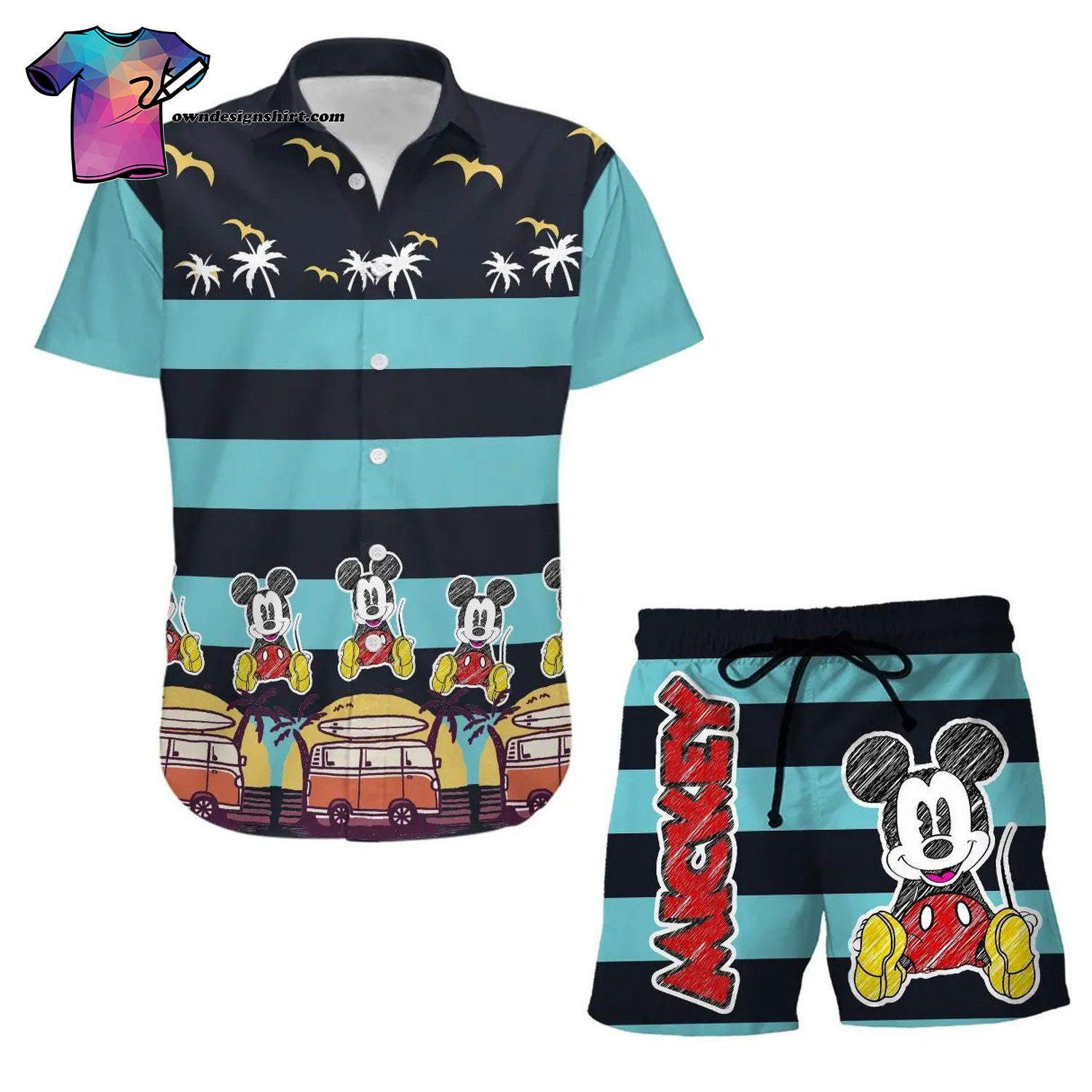 Cartoon Graphic Mickey Sketch Stripe Summer Hawaiian Shirt