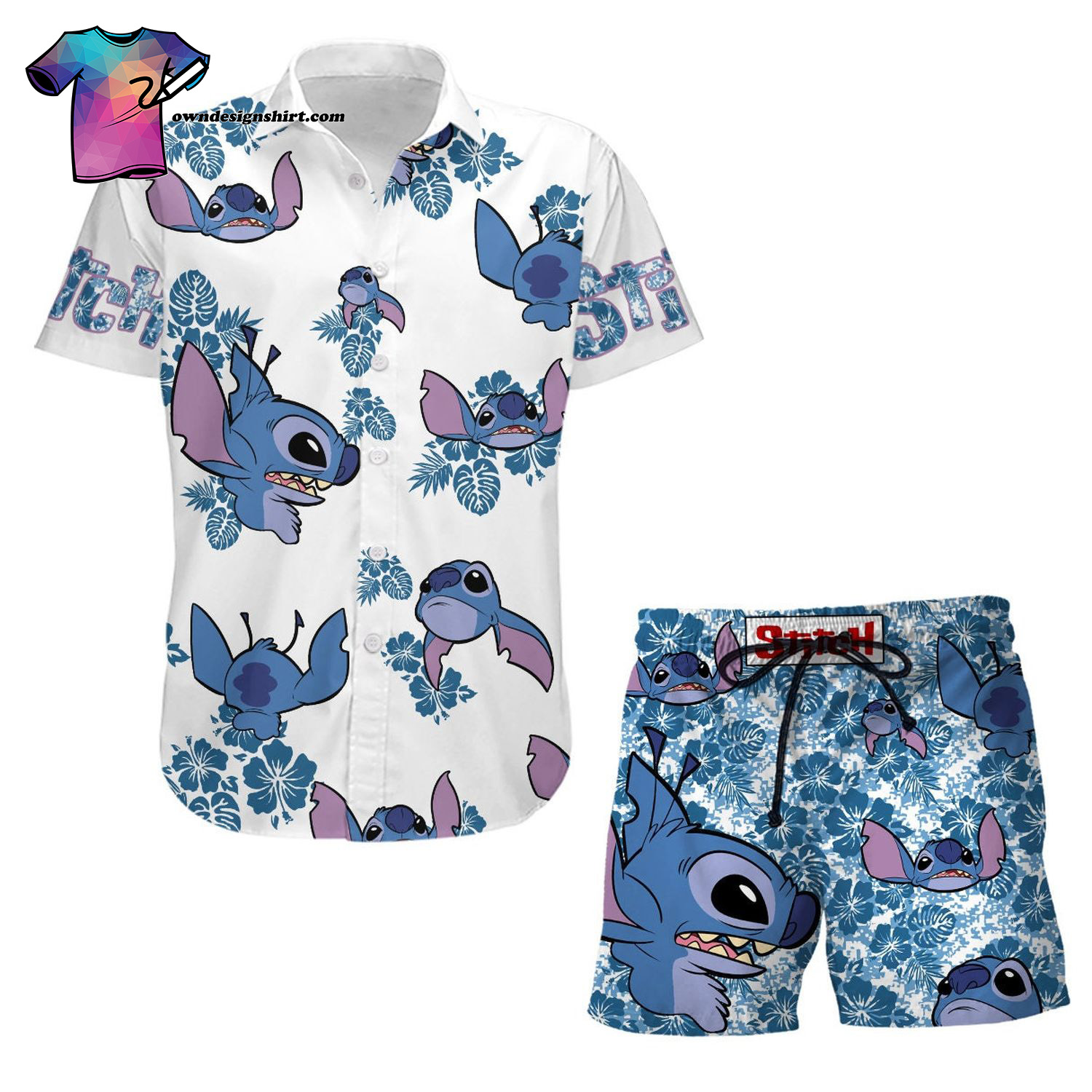 Cartoon Graphic Stitch Blue Hibiscus Summer Hawaiian Shirt