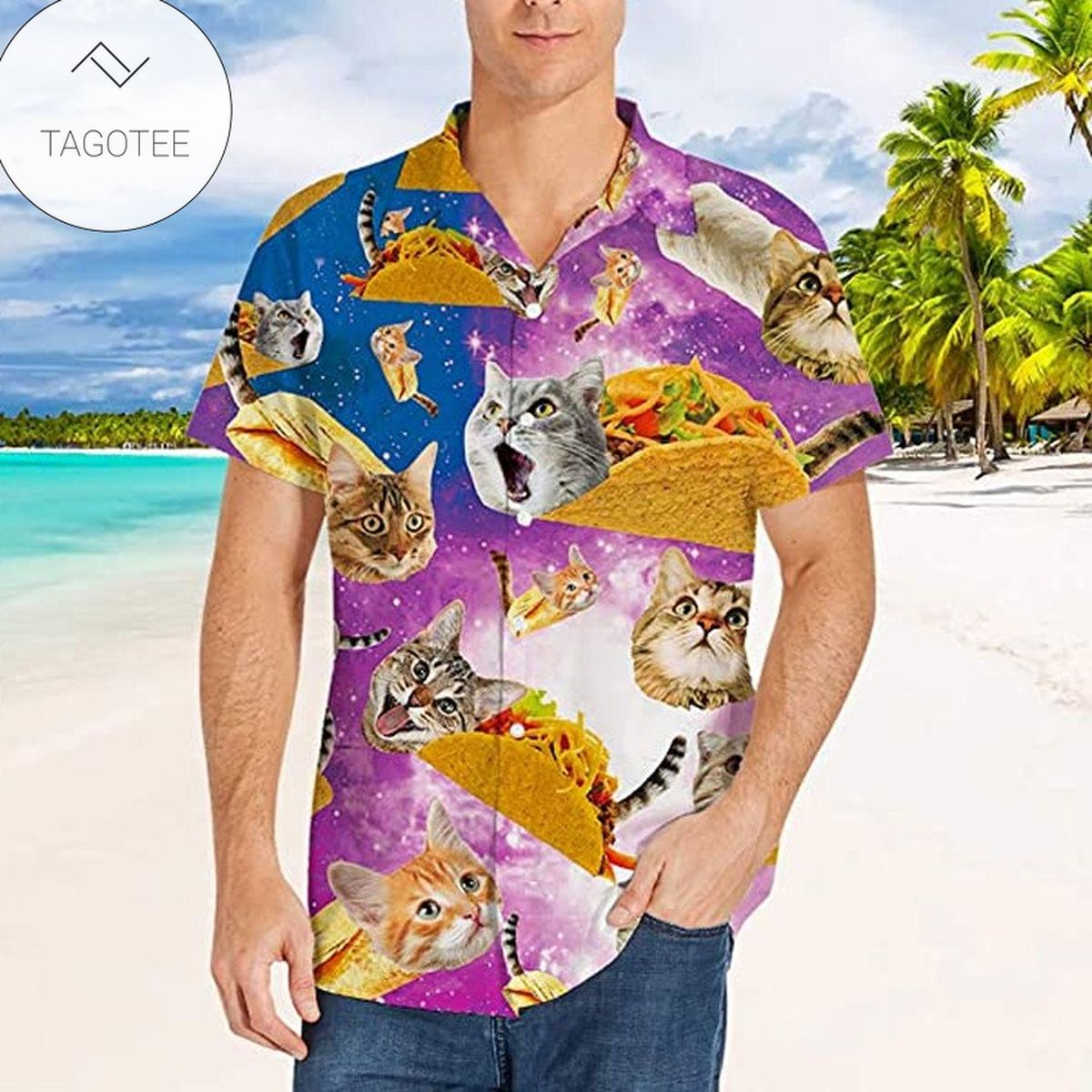 Cat Hawaii In The Beach Graphic Print Short Sleeve Hawaiian Casual Shirt