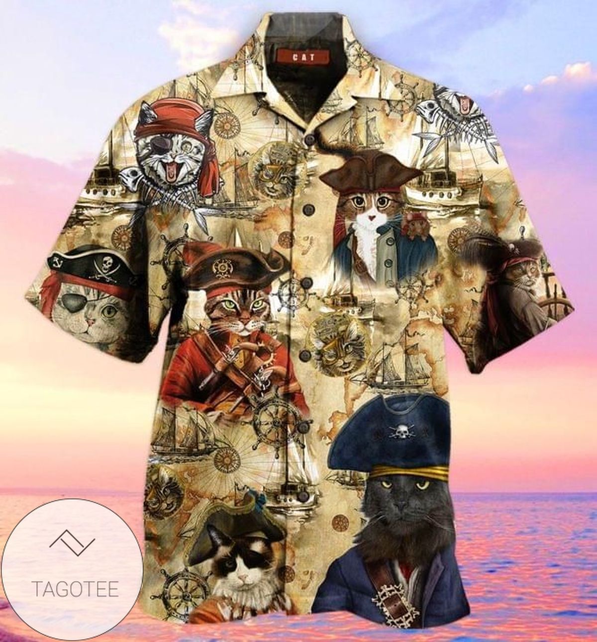 Cat pirates Print Short Sleeve Hawaiian Casual Shirt