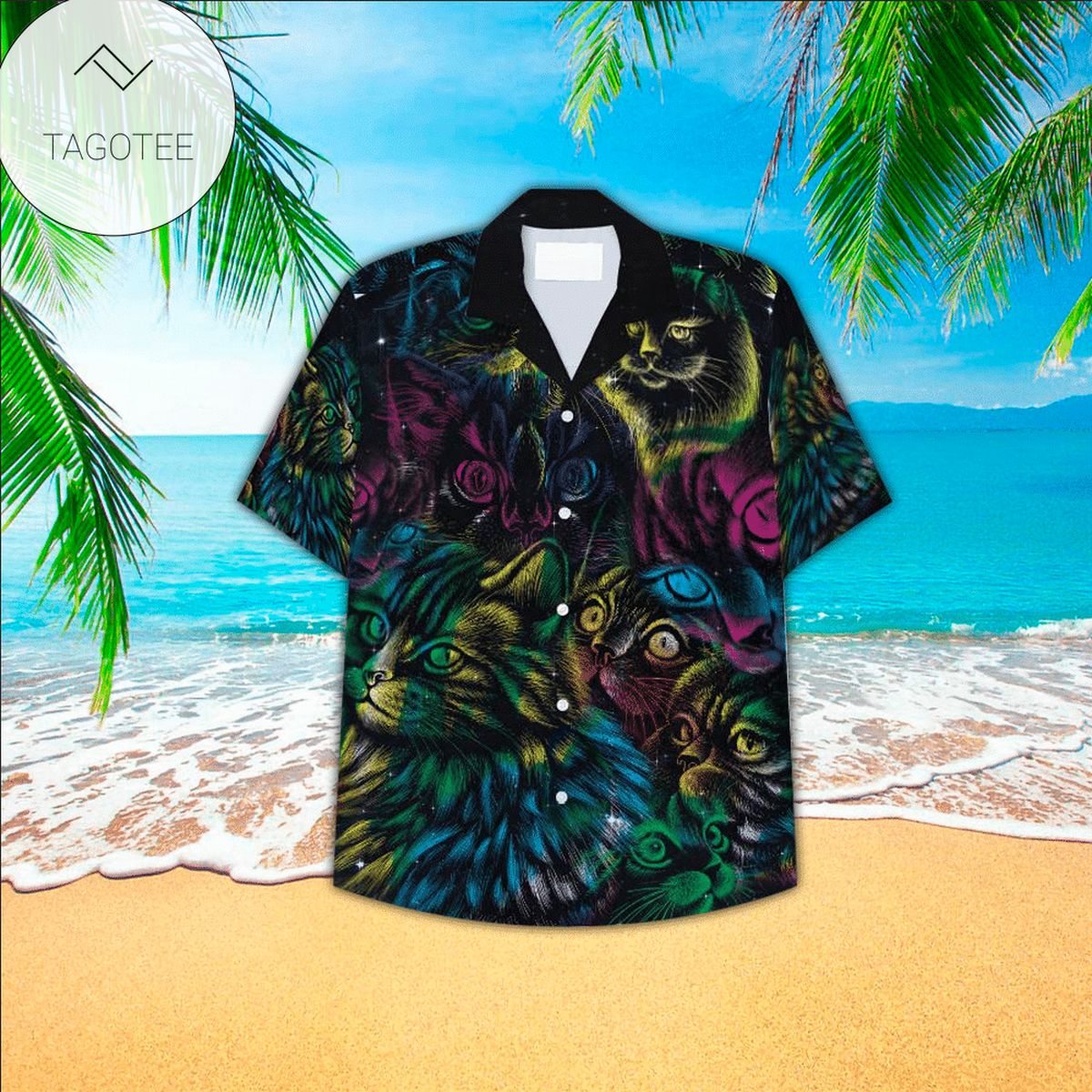 Cat Viking Print Short Sleeve Hawaiian Casual Shirt