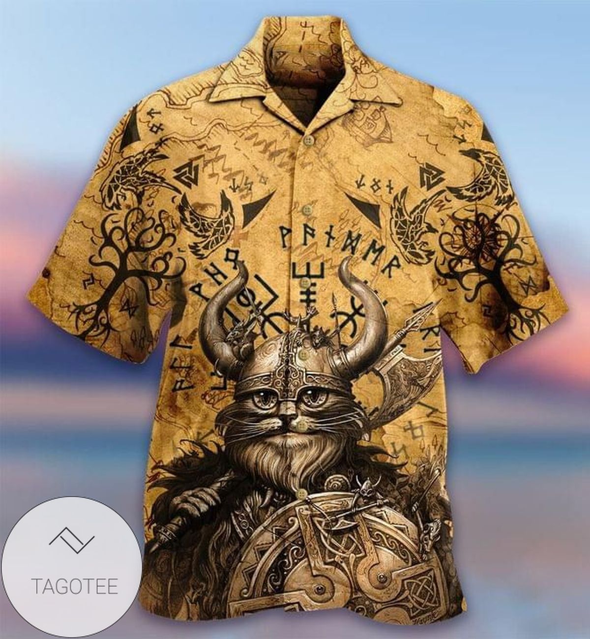 Cat Viking Print Short Sleeve Hawaiian Casual Shirt