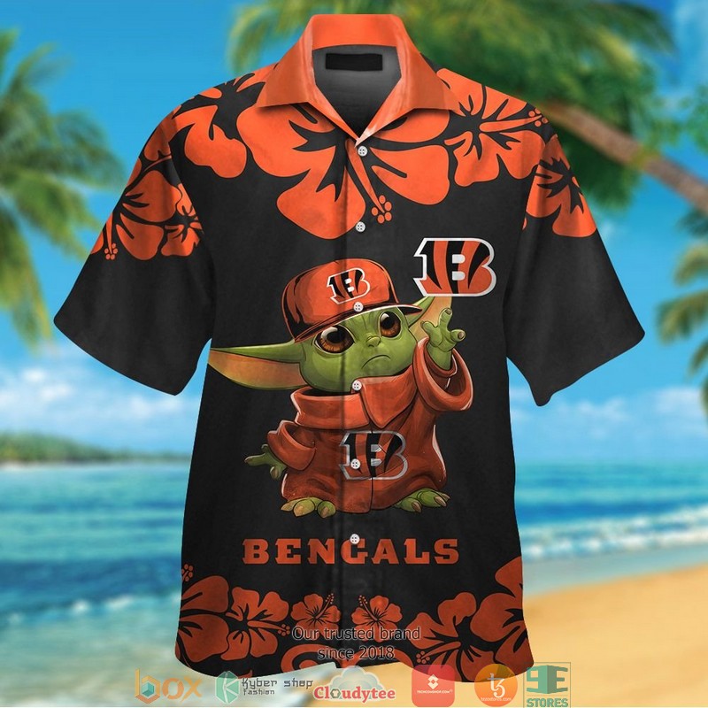 Cincinnati Bengals Baby Yoda Orange Hibiscus Hawaiian Shirt, short