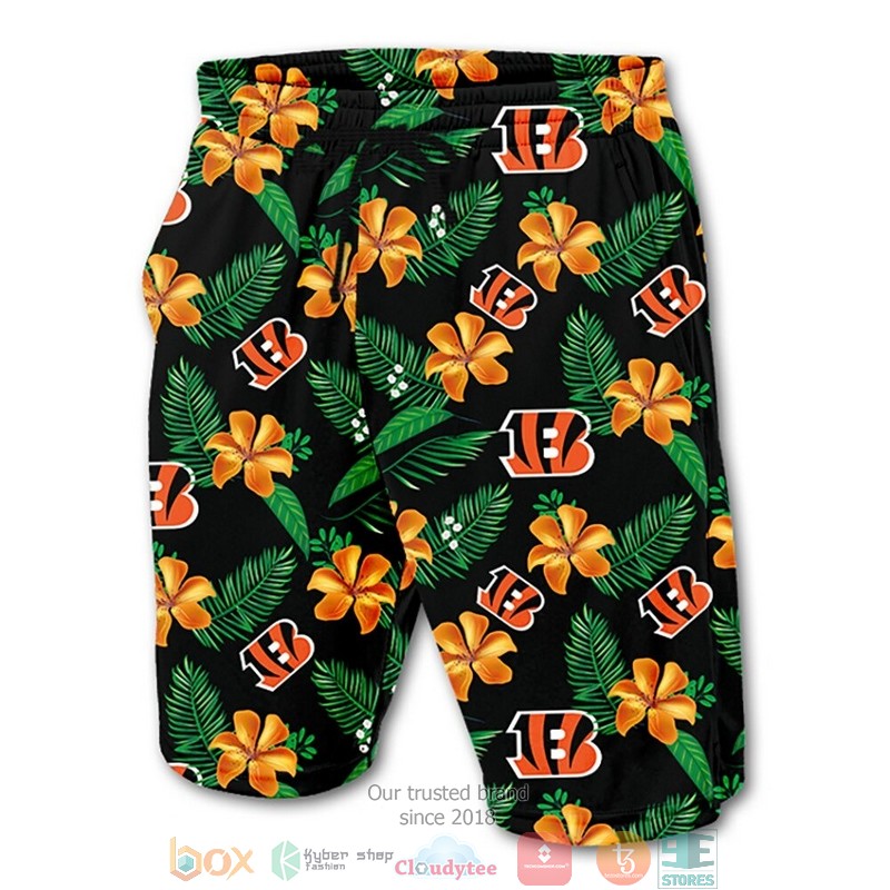 Cincinnati Bengals hibiscus flower orange pattern Hawaiian shirt, short