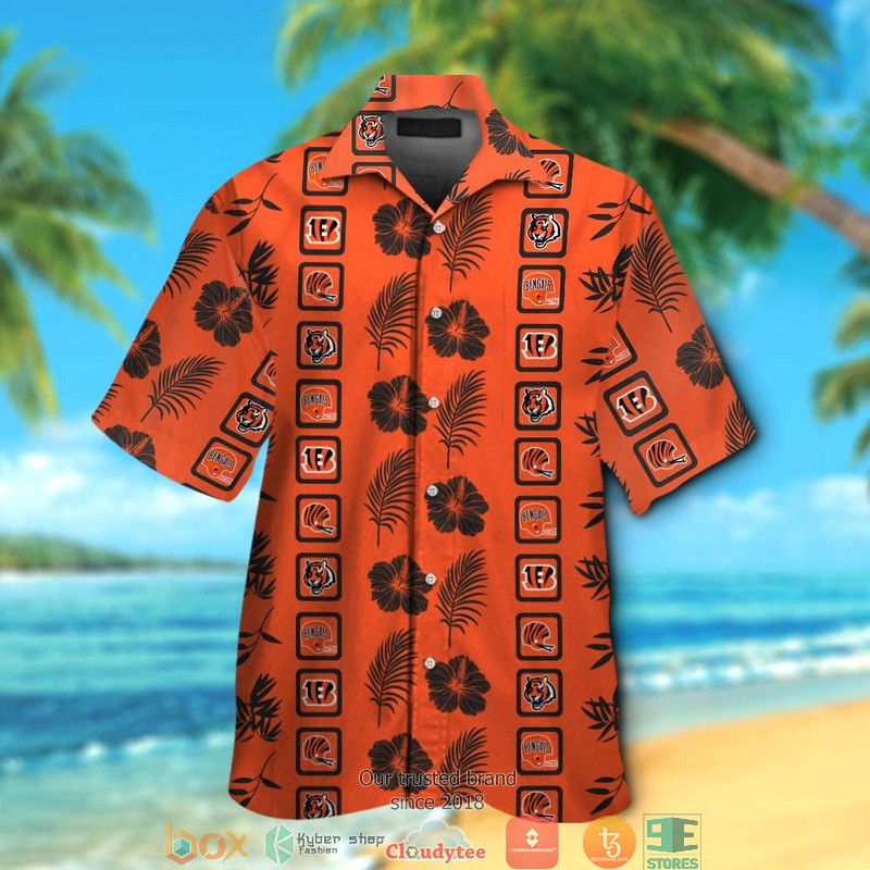 Cincinnati Bengals hibiscus pattern orange Hawaiian shirt, short