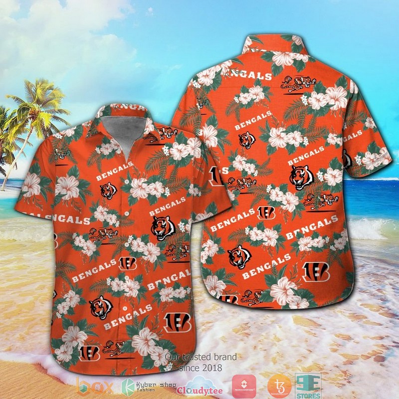 Cincinnati Bengals hibiscus leaf coconut square pattern Hawaiian shirt, short