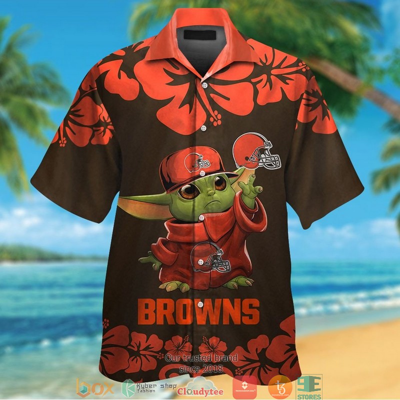 Cleveland Browns Baby Yoda Hibiscus Orange Hawaiian Shirt, short