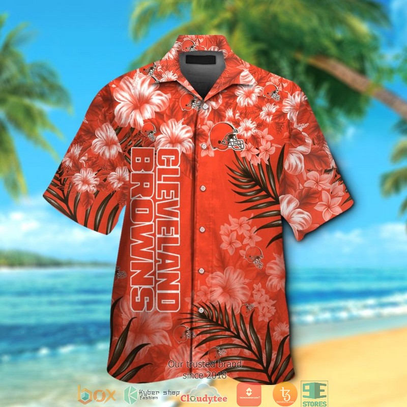 Cleveland Browns Hibiscus Leaf ocean square pattern Orange Hawaiian Shirt, short