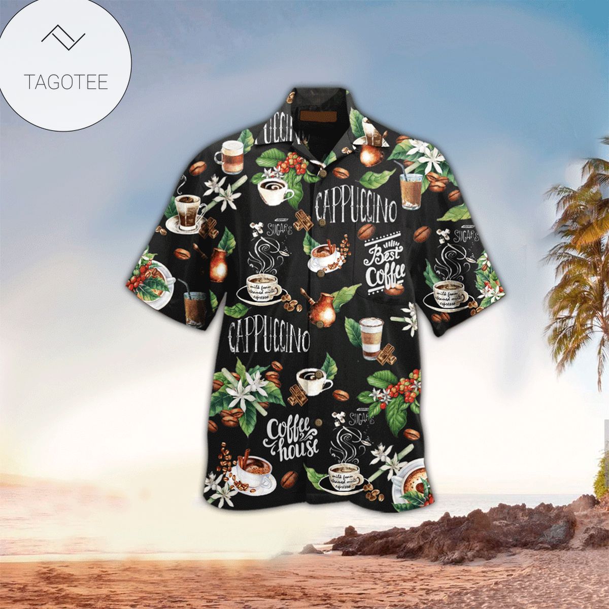 Coffee Time Print Short Sleeve Hawaiian Casual Shirt