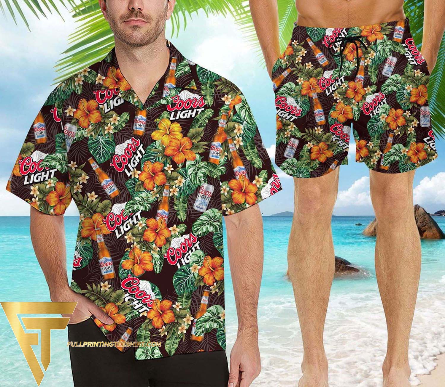 Coors Light Beer Tropical Flower Hawaiian Shirt And Beach Shorts