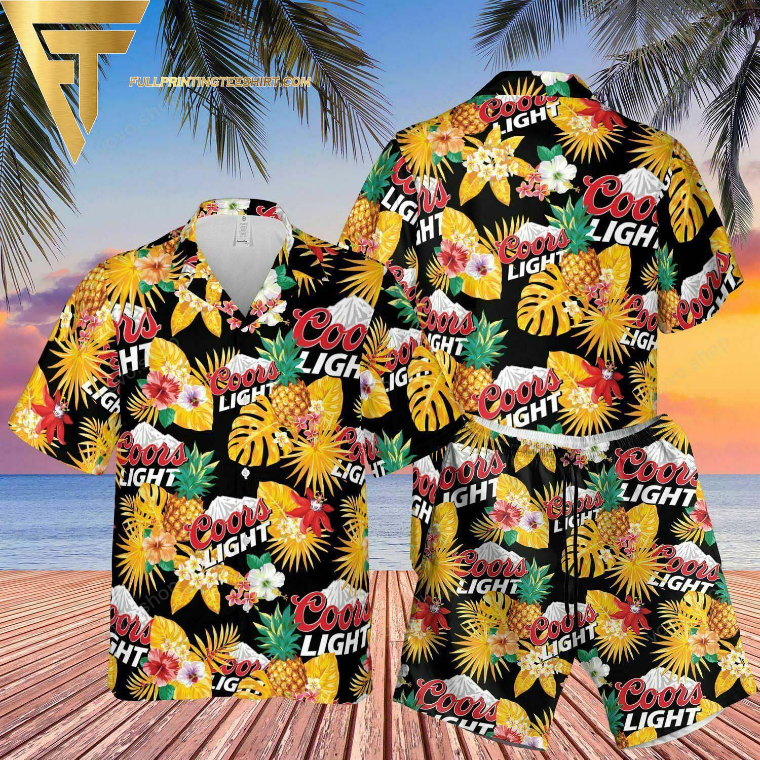 Coors Light Beer Tropical Flower Hawaiian Shirt And Beach Shorts