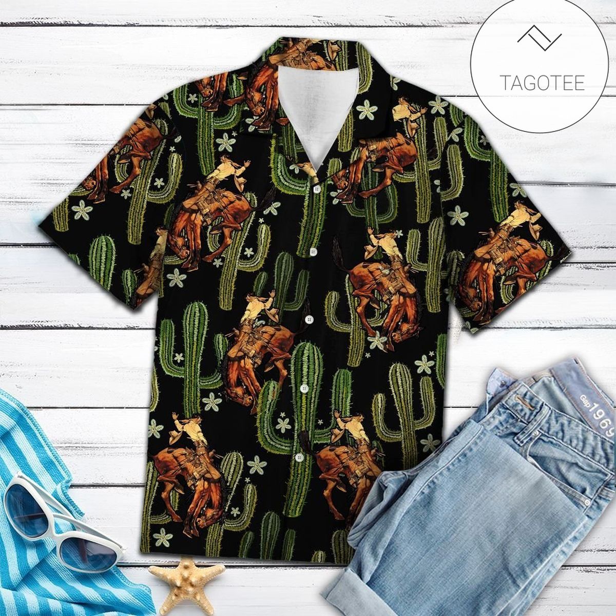 Cowboy Print Short Sleeve Hawaiian Casual Shirt