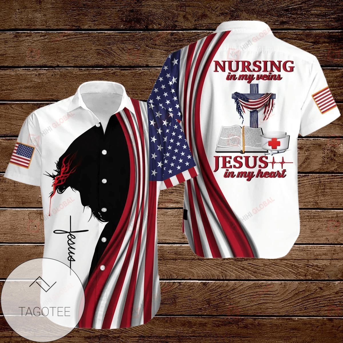 Cross Jesus Bible Americal Flag Biker Jesus Take The Wheel Graphic Print Short Sleeve Hawaiian Casual Shirt