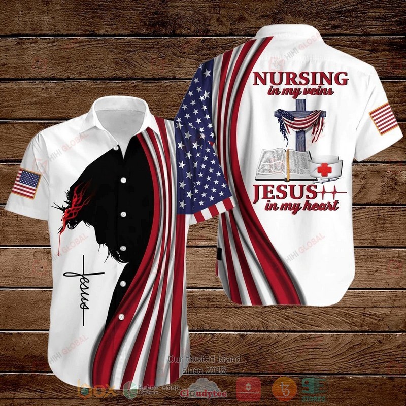 Cross Jesus Bible America Flag Faith Over Fear Jesus Is My God My King My Lord My Savior Short Sleeve Hawaiian Shirt