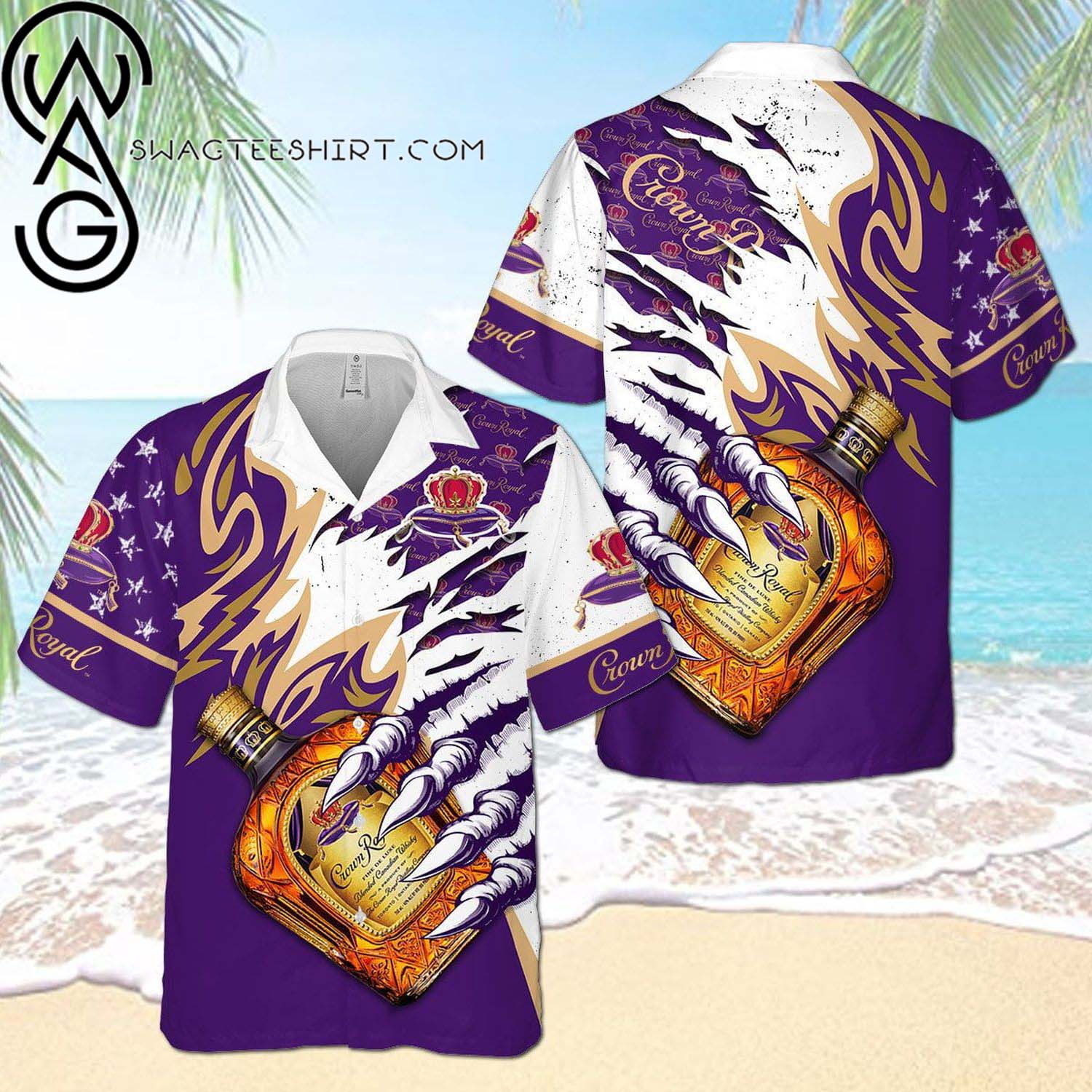 Crown Royal Collection Hibiscus Palm Tree All Over Print Summer Vacation Hawaiian Shirt