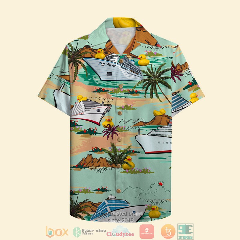 Cruising Duck Couple Making Waves On The High Seas Cruise Palm Treen Pattern Hawaiian Shirt