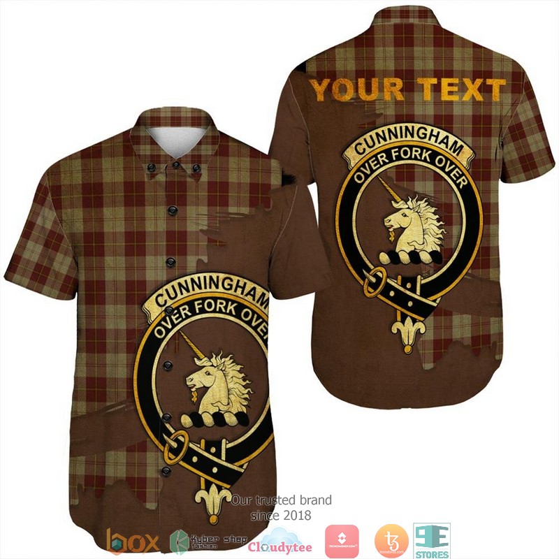 Cunningham Burgundy Dancers Tartan Crest Short Sleeve Hawaiian Shirt