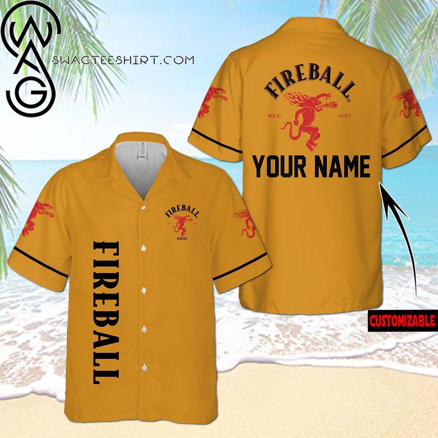 Custom Fireball Cinnamon Whisky All Over Print Summer Vacation Hawaiian Shirt