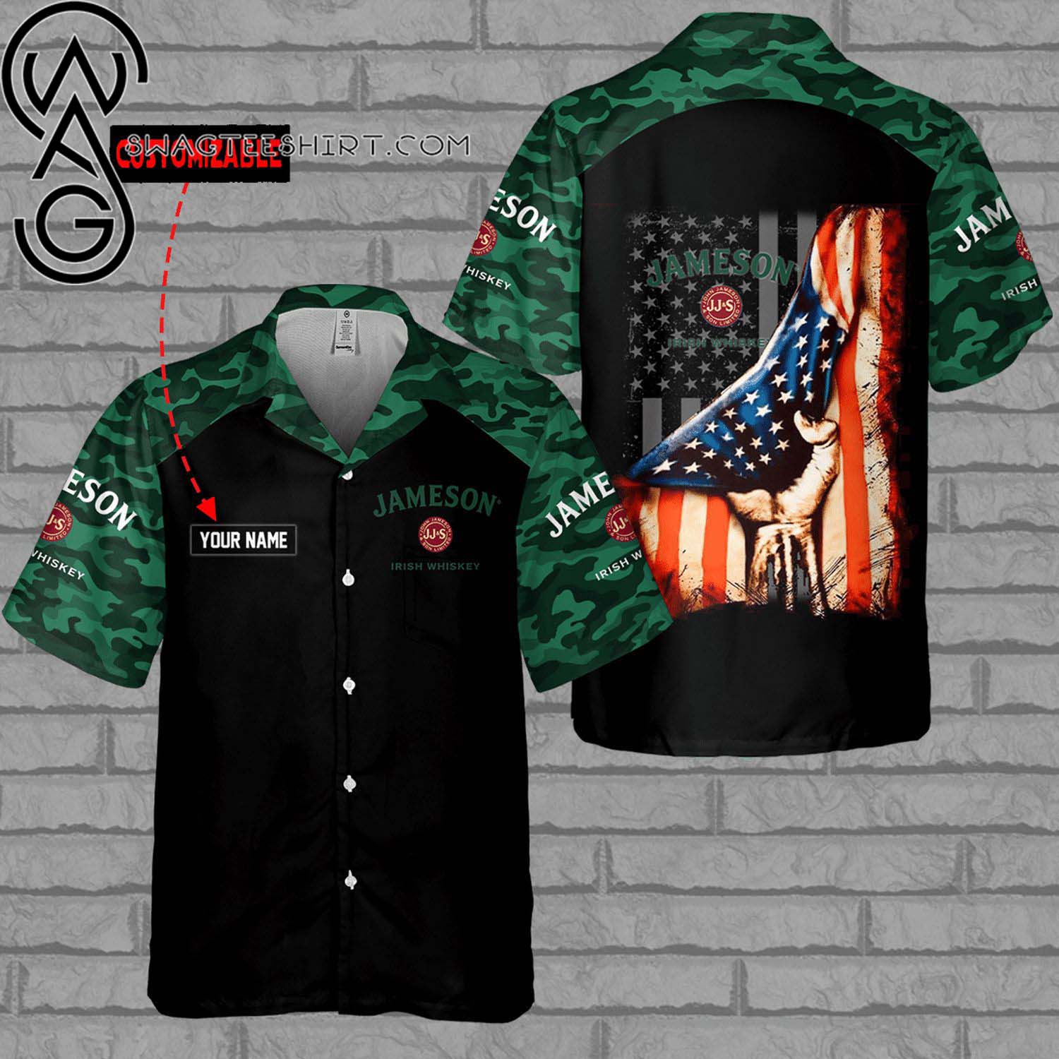 Custom Jameson Irish Whiskey USA Flag All Over Print Aloha Camo Summer Vacation Hawaiian Shirt