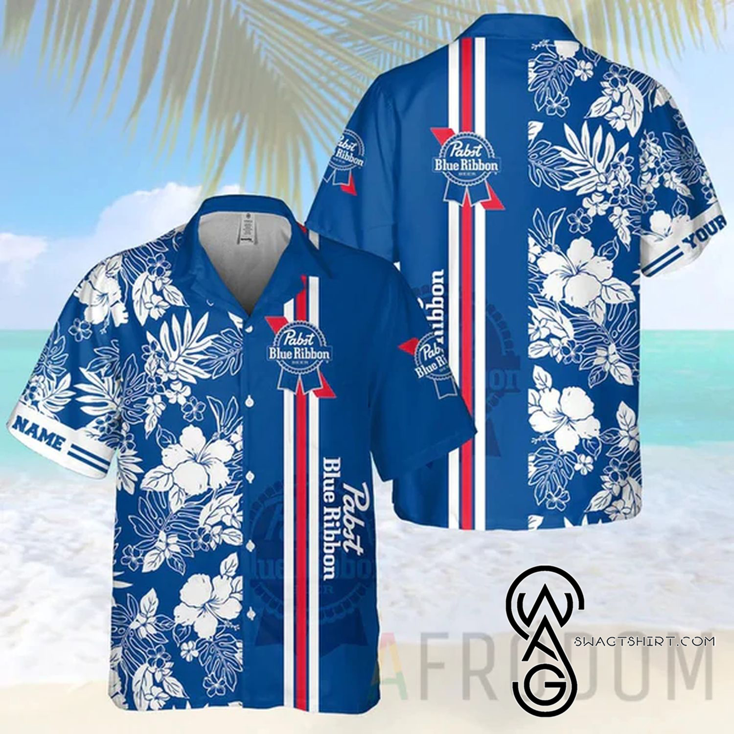 Custom Tropical Hibiscus Pabst Blue Ribbon Beer Hawaiian Shirt