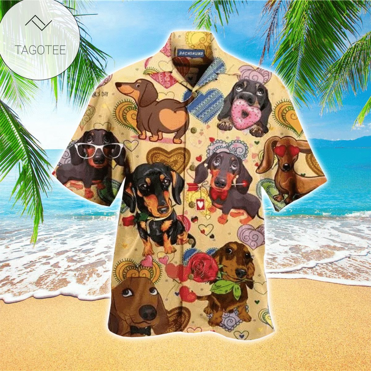 Cute Dachshund With Cake Heart Hawaiian Unisex Aloha Shirts #l