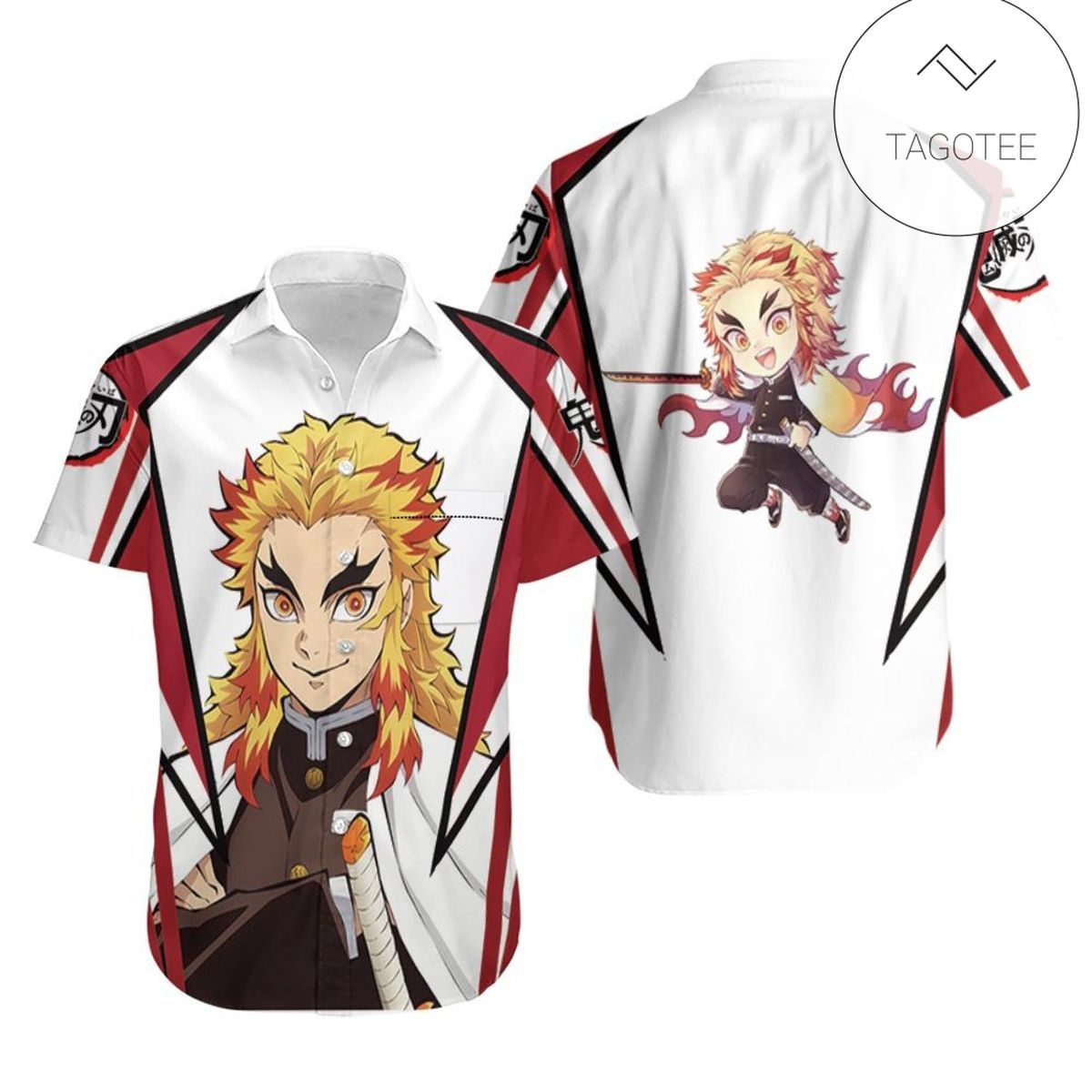 Demon Slayer Hawaii Shirt Rengoku Kyojuro Chibi Red White Hawaiian Aloha Shirt