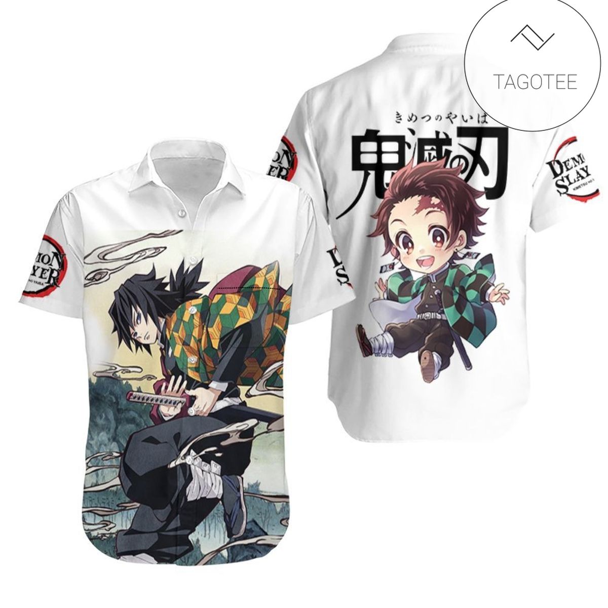 Demon Slayer Hawaiian Shirt Giyu Tomioka Chibi Tanjiro White Kimetsu No Yaiba Logo Hawaii Aloha Shirt