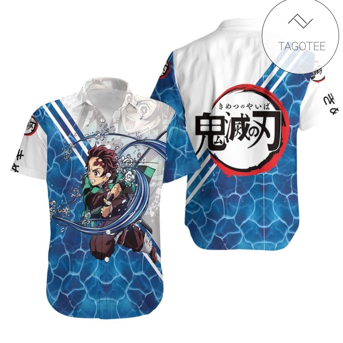 Demon Slayer Hawaiian Shirt Tanjiro Kamado Water Breathing Ocean Blue Kimetsu No Yaiba Logo Hawaii Aloha Shirt