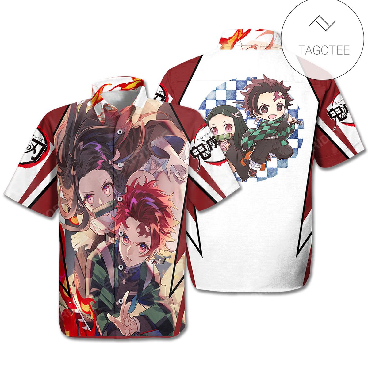 Demon Slayer Hawaiian Shirt Tanjiro Nezuko Cool And Chibi White Red Hawaii Aloha Shirt