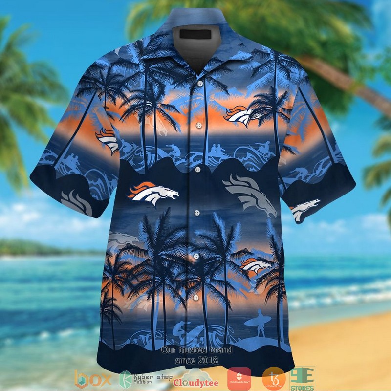 Denver Broncos coconut island Navy Orange Waves Hawaiian Shirt, short