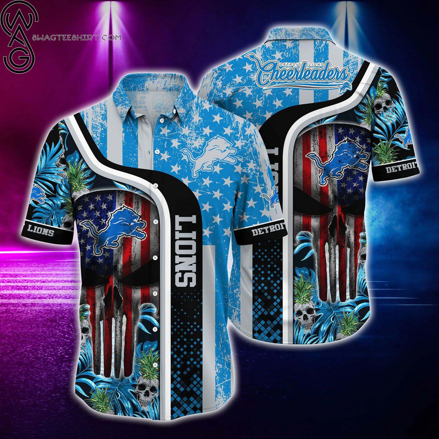 Detroit Lions American Flag Skull Summer Aloha Hawaiian Shirt