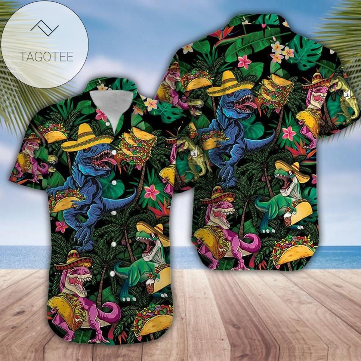 Dinosaur T Rex Hawaiian Graphic Print Short Sleeve Hawaiian Casual Shirt