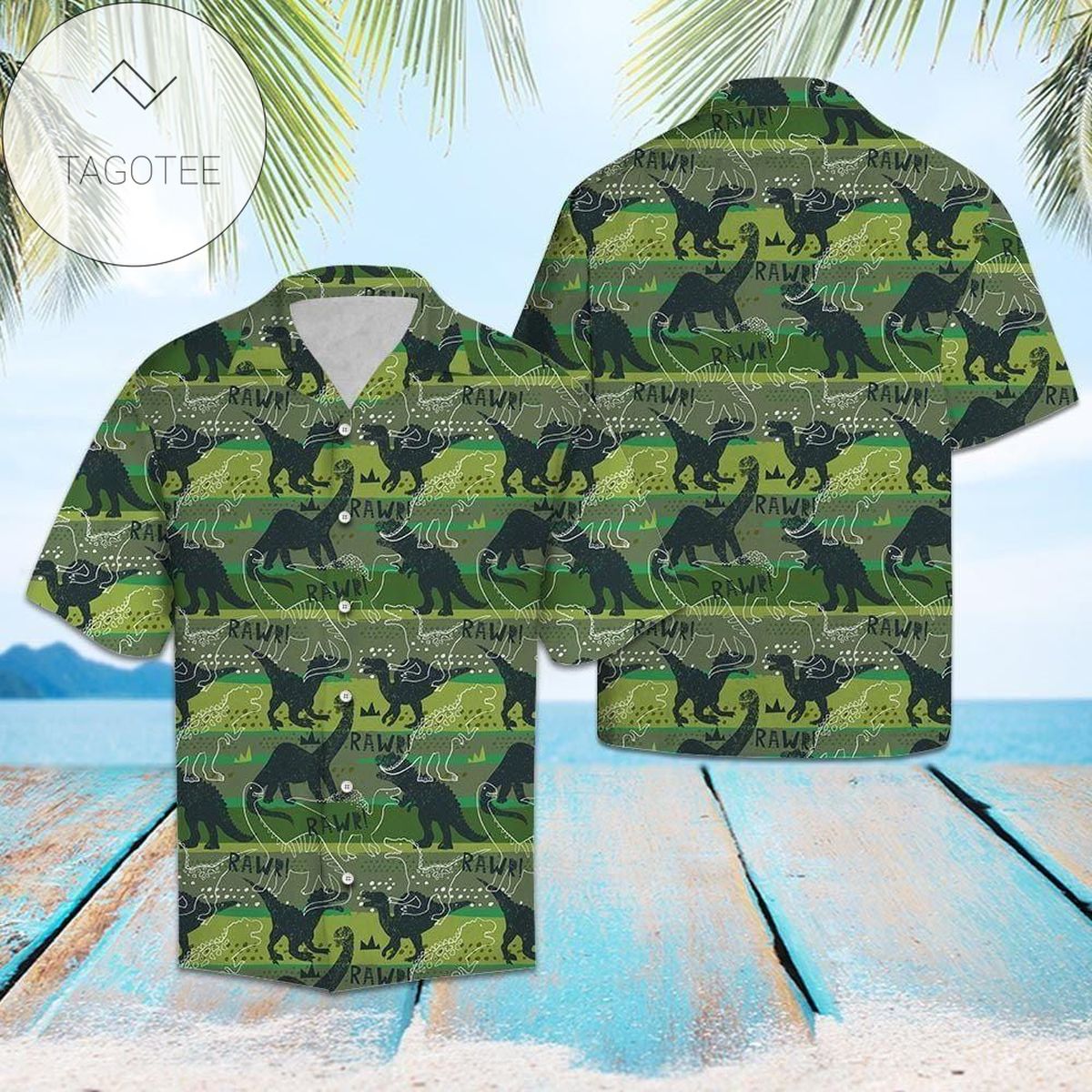 Dinosaur T-rex Cartoon So Cute Green Unisex Hawaiian Aloha Shirts