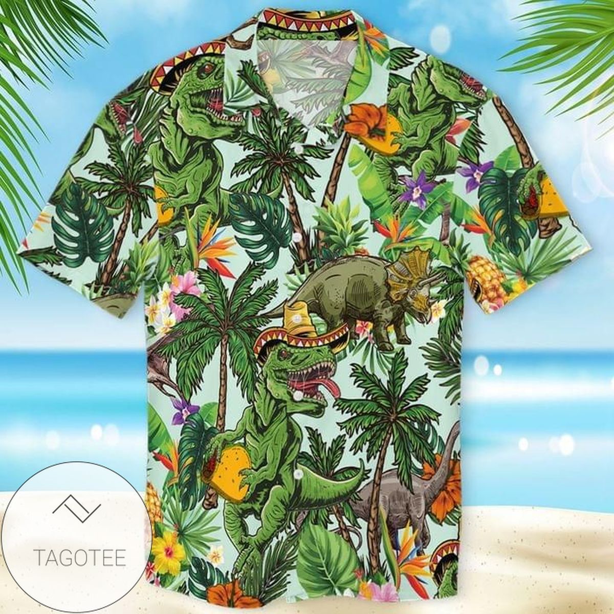 Dinosaur Love Tacos Summer Vibe Green Unisex Hawaiian Shirts