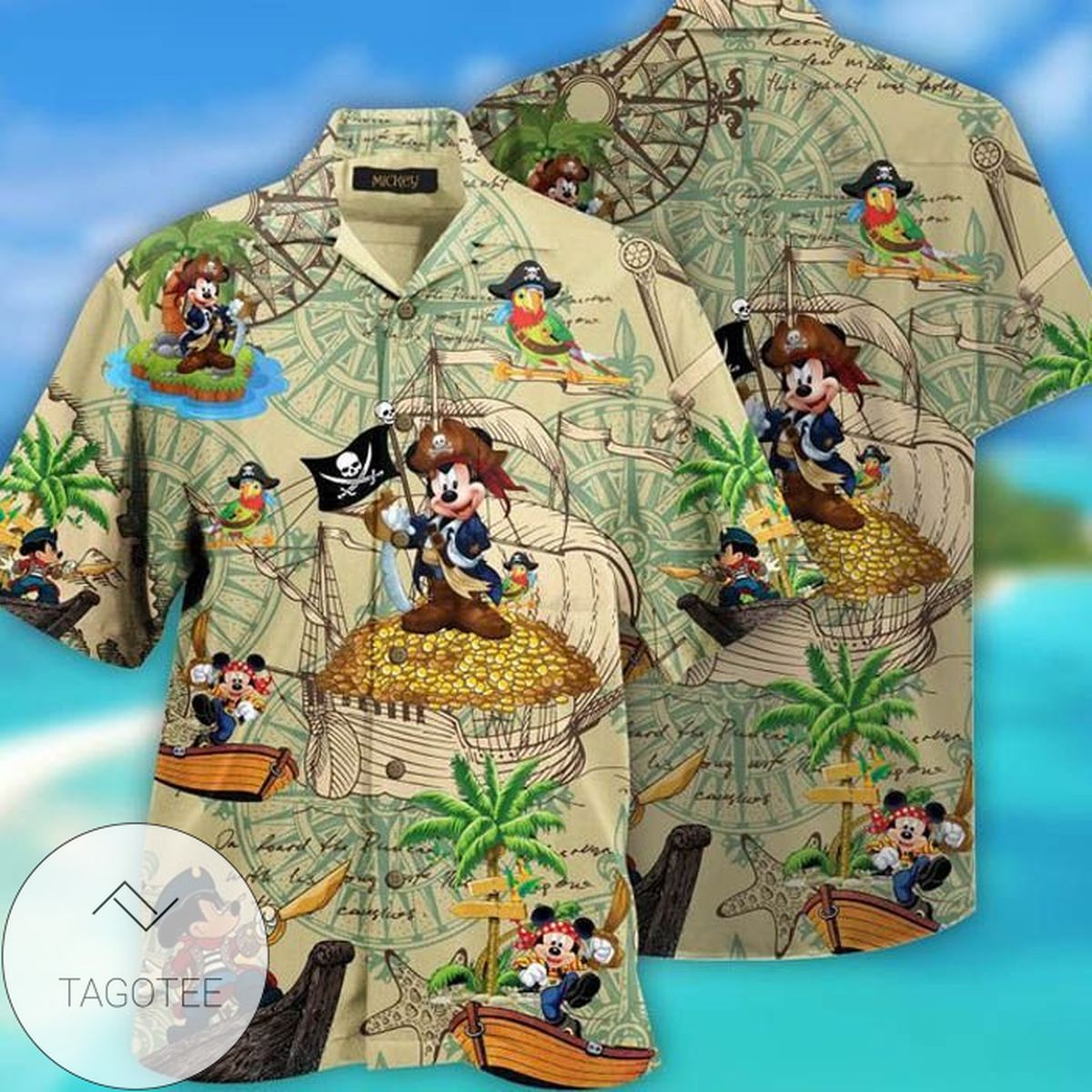 Disney Mickey Mouse In The Beach Print Short Sleeve Hawaiian Casual Shirt