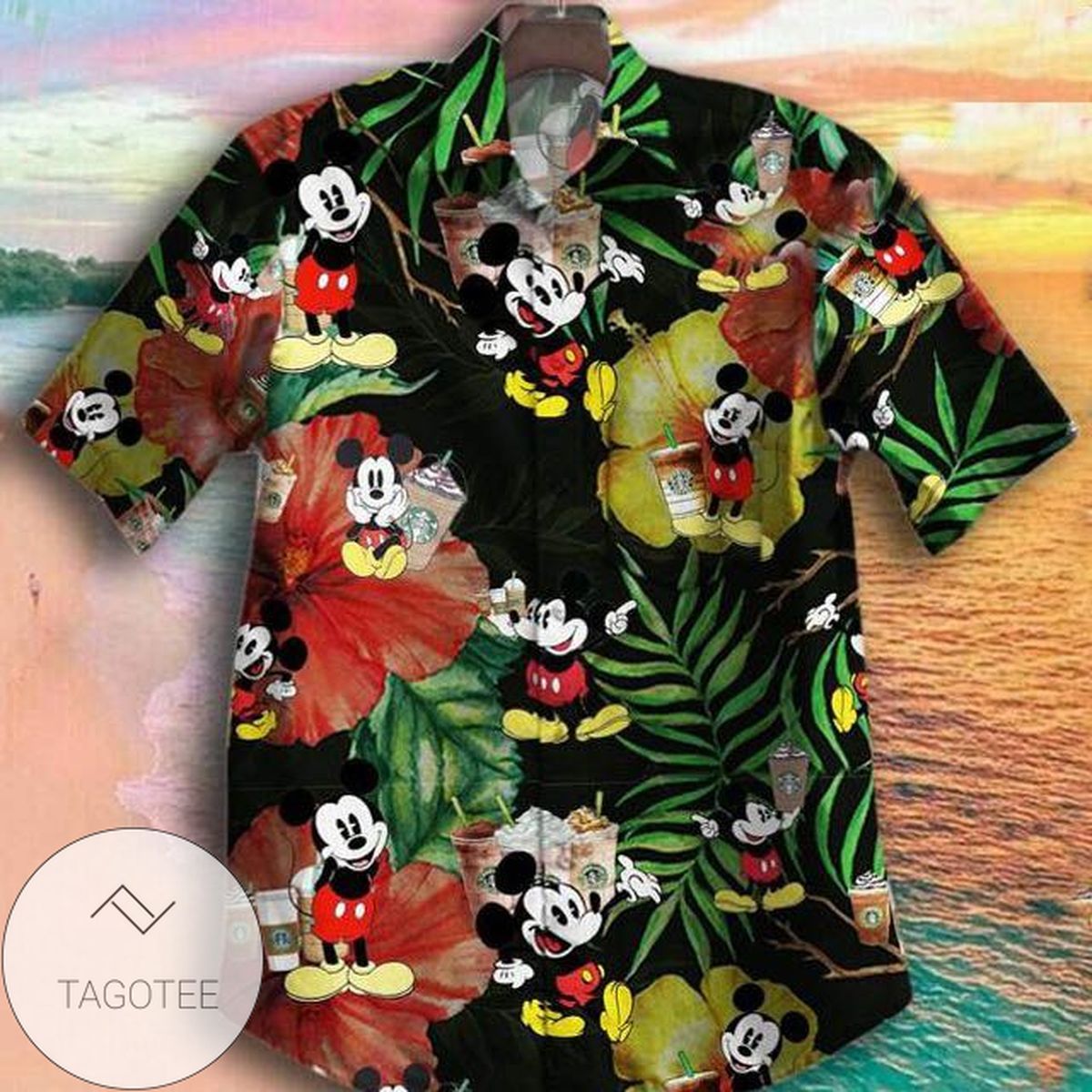 Disney Mickey Mouse In The Beach It’s 5 o’clock Somewhere Print Short Sleeve Hawaiian Casual Shirt