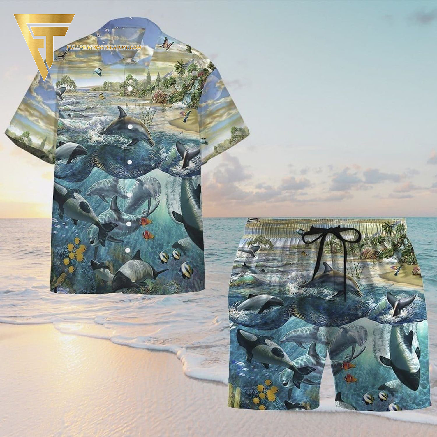 Coral under ocean scuba diving all over print hawaiian shirts and beach shorts