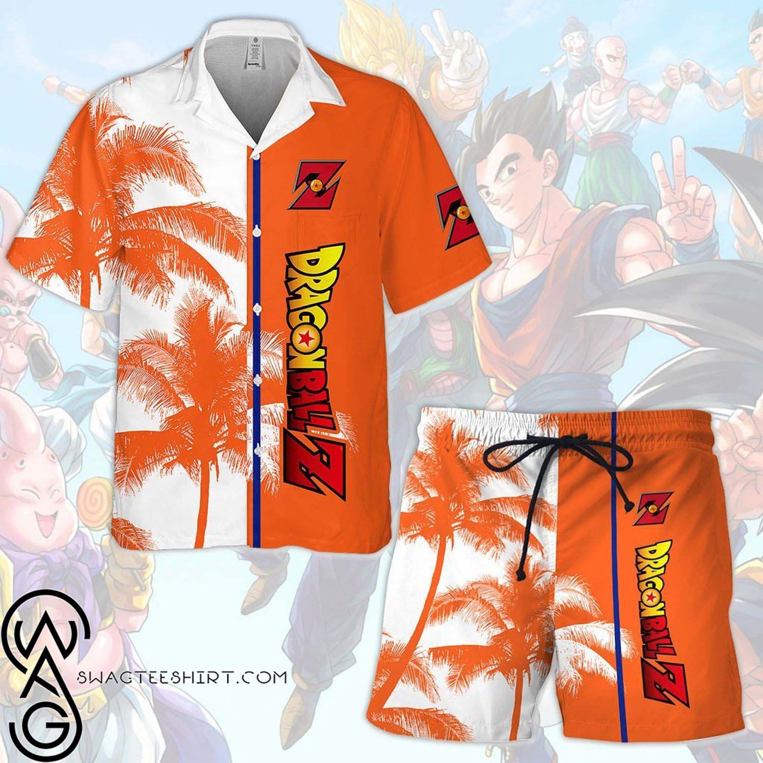 Dragon Ball Z Palm Tree All Over Print Summer Aloha Summer Beach Hawaiian Shirt And Beach Shorts Version White Orange