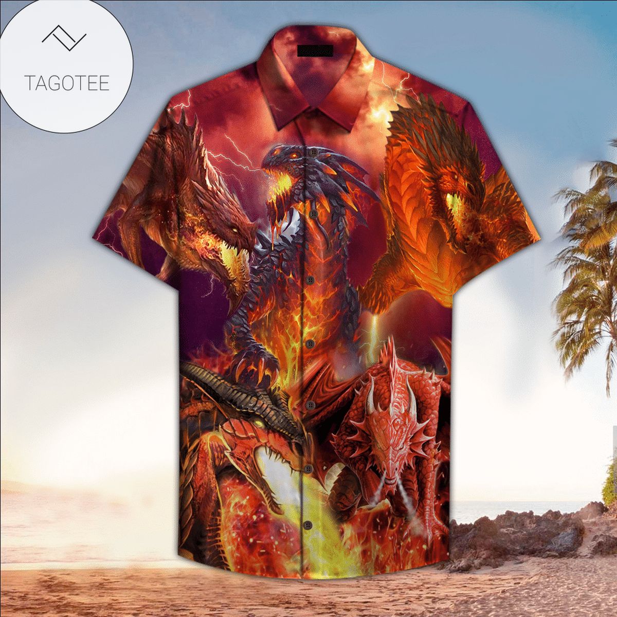 Dragon Fire Print Short Sleeve Hawaiian Casual Shirt