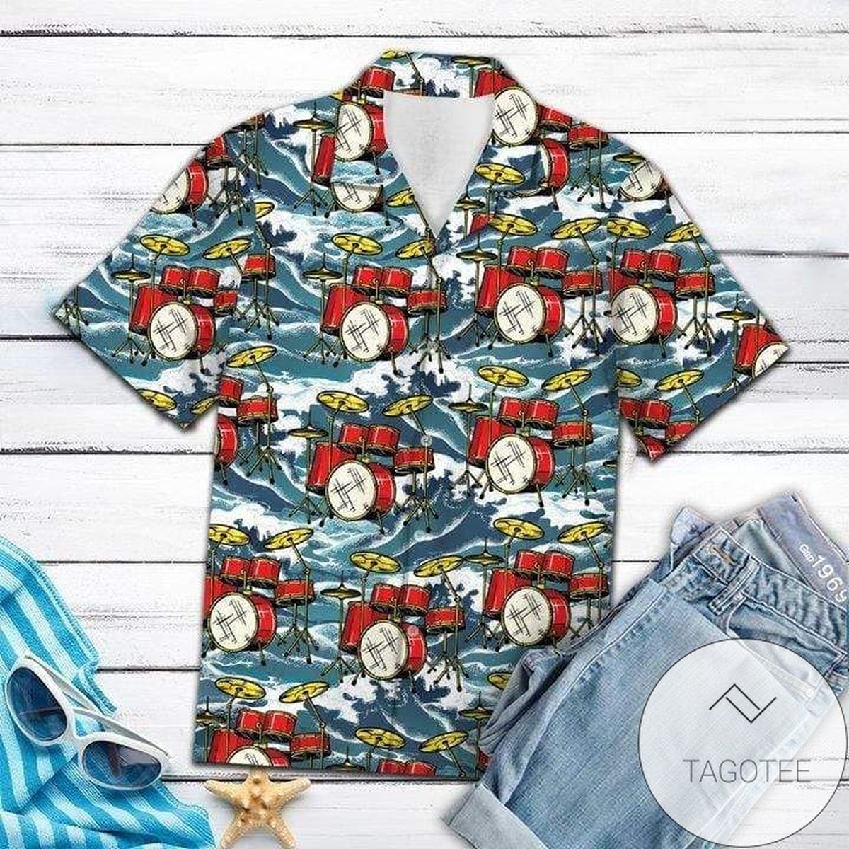 Drums Print Short Sleeve Hawaiian Casual Shirt