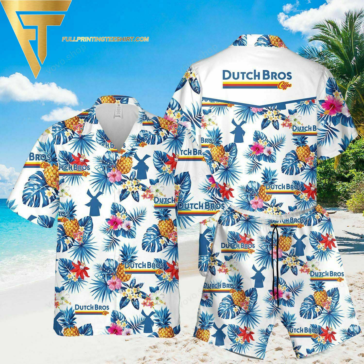 Dutch Bros Coffee Tropical Flower Hawaiian Shirt And Beach Shorts