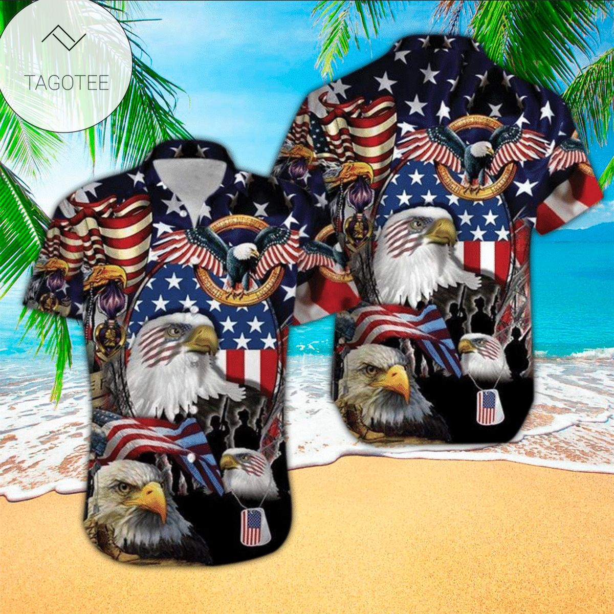 Eagle Veteran Graphic Print Short Sleeve Hawaiian Shirt